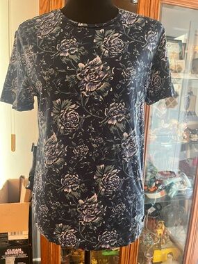 Burberry Navy Floral Short-Sleeve Tee with Light Blue Accents